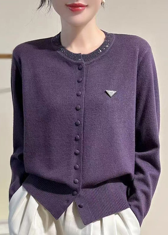 Slim Fit Purple O Neck Button Solid Knit Coats Winter