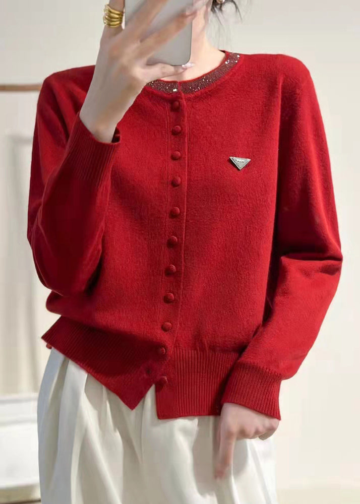 Slim Fit Purple O Neck Button Solid Knit Coats Winter