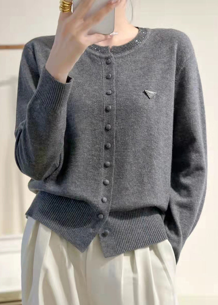 Slim Fit Purple O Neck Button Solid Knit Coats Winter