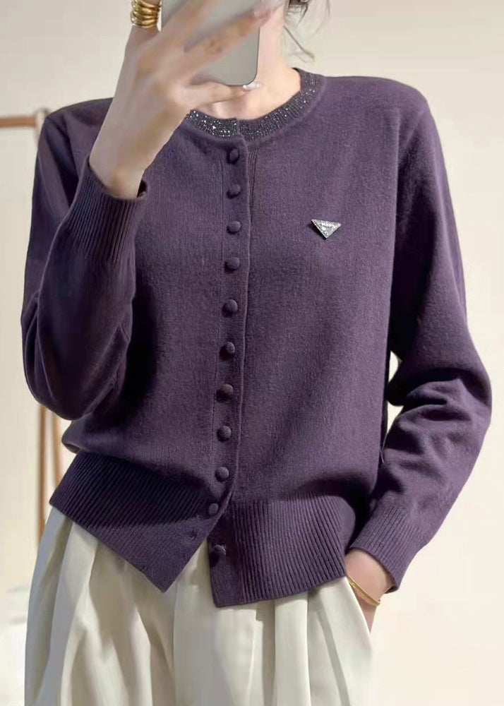 Slim Fit Purple O Neck Button Solid Knit Coats Winter