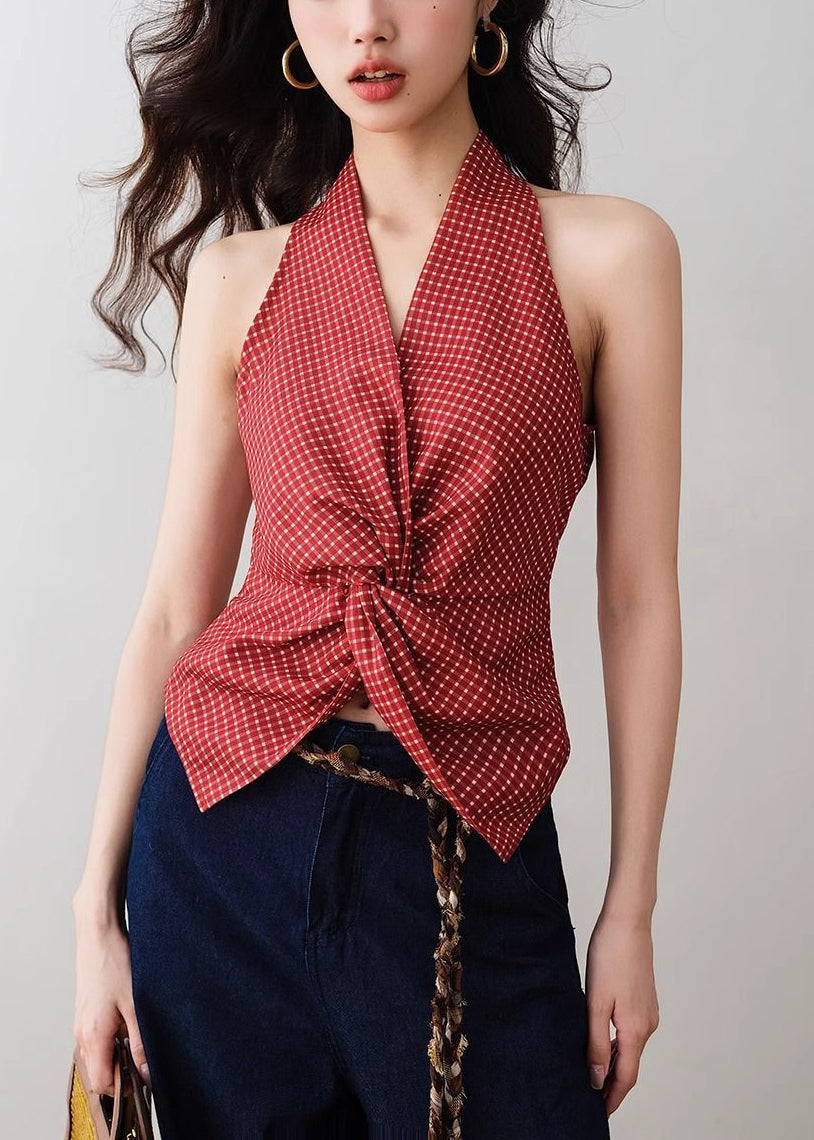 Slim Fit Red V Neck Plaid Cotton Tank Sleeveless