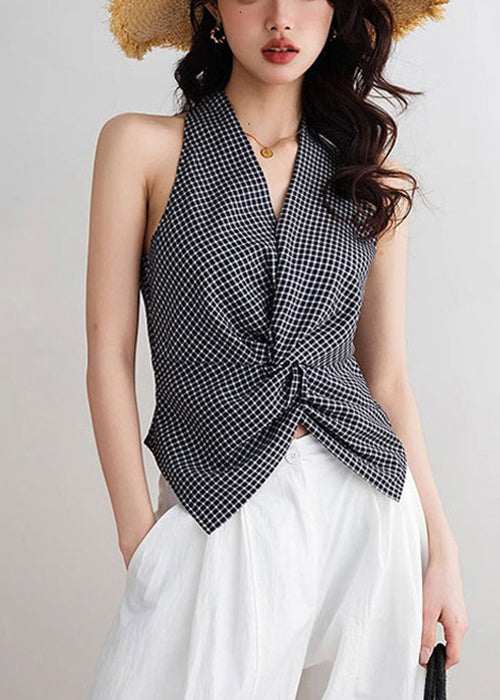 Slim Fit Red V Neck Plaid Cotton Tank Sleeveless