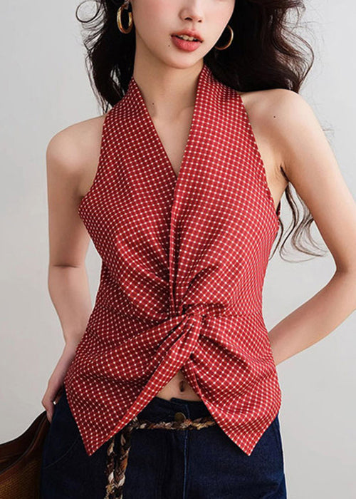 Slim Fit Red V Neck Plaid Cotton Tank Sleeveless