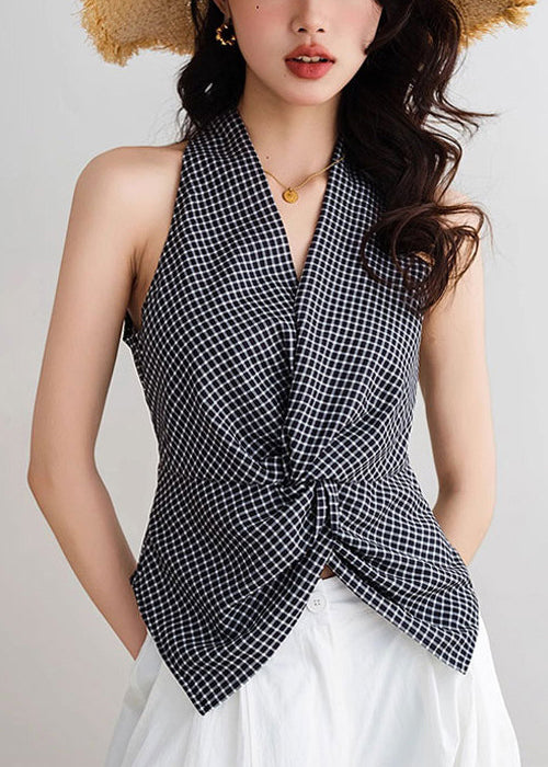 Slim Fit Red V Neck Plaid Cotton Tank Sleeveless