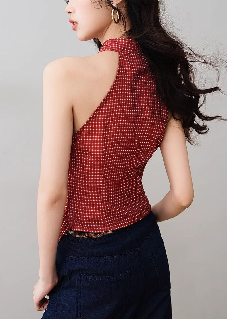 Slim Fit Red V Neck Plaid Cotton Tank Sleeveless