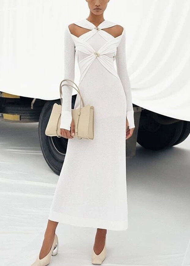 Slim Fit White Hollow Out Solid Knitting Cotton Long Dresses Fall