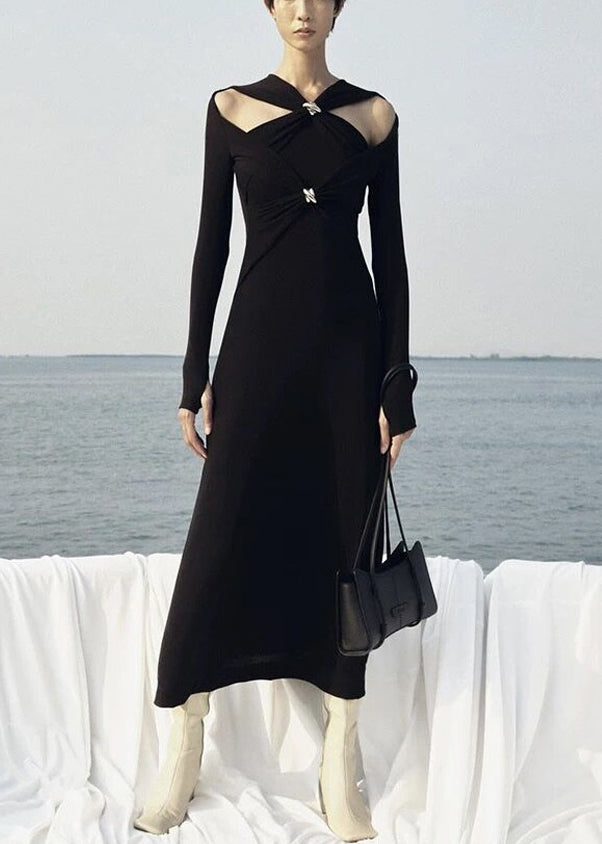 Slim Fit White Hollow Out Solid Knitting Cotton Long Dresses Fall