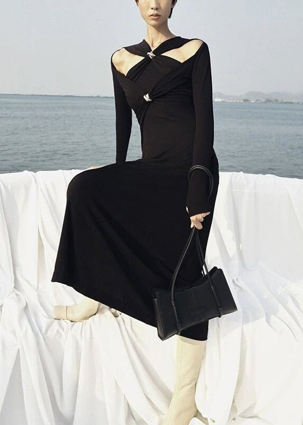 Slim Fit White Hollow Out Solid Knitting Cotton Long Dresses Fall