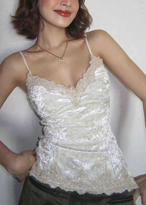 Slim Fit White V Neck Lace Patchwork Silk Velour Spaghetti Strap Tank Sleeveless