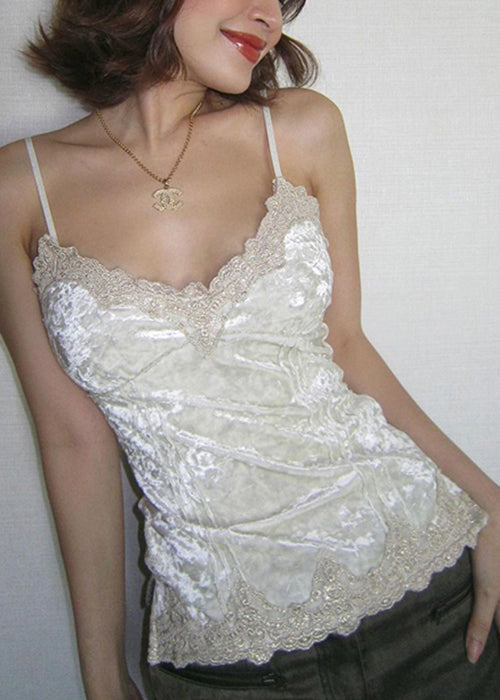 Slim Fit White V Neck Lace Patchwork Silk Velour Spaghetti Strap Tank Sleeveless