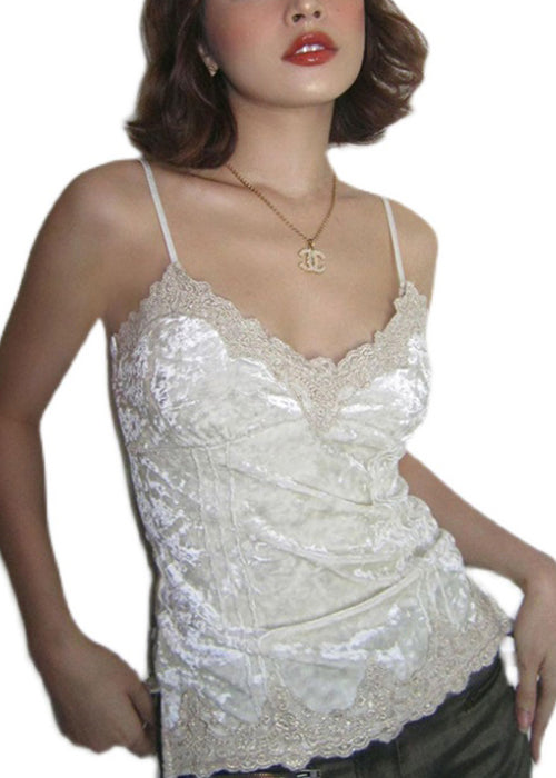 Slim Fit White V Neck Lace Patchwork Silk Velour Spaghetti Strap Tank Sleeveless