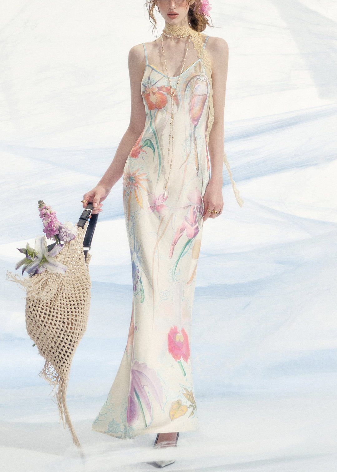 Slim Fit White V Neck Print Silk Spaghetti Strap Dress Sleeveless