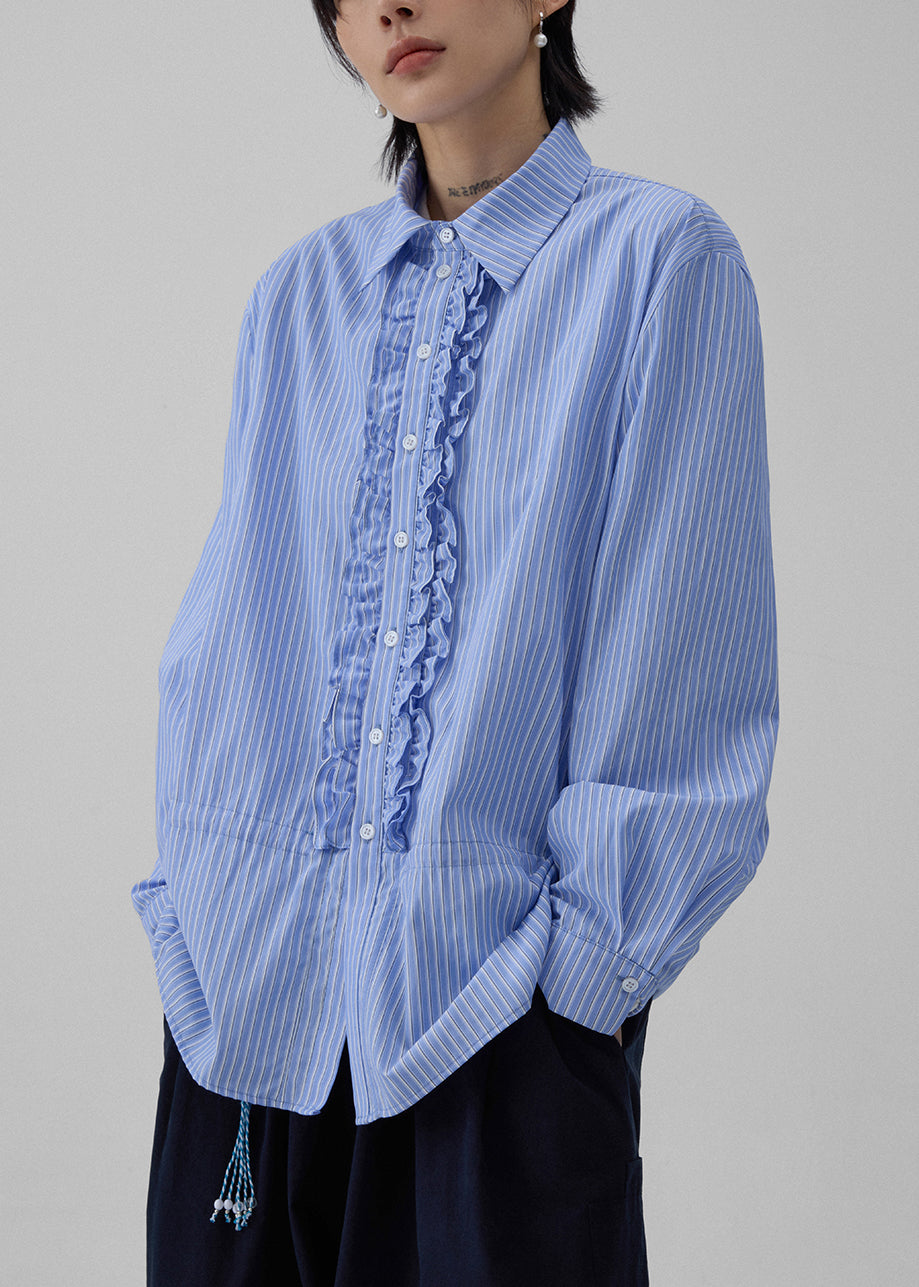 Striped Blue Peter Pan Collar Ruffled Cotton Shirt Fall
