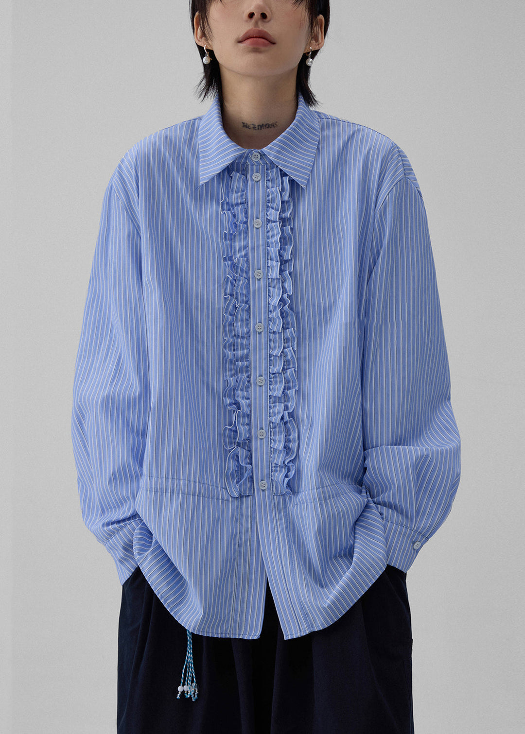 Striped Blue Peter Pan Collar Ruffled Cotton Shirt Fall