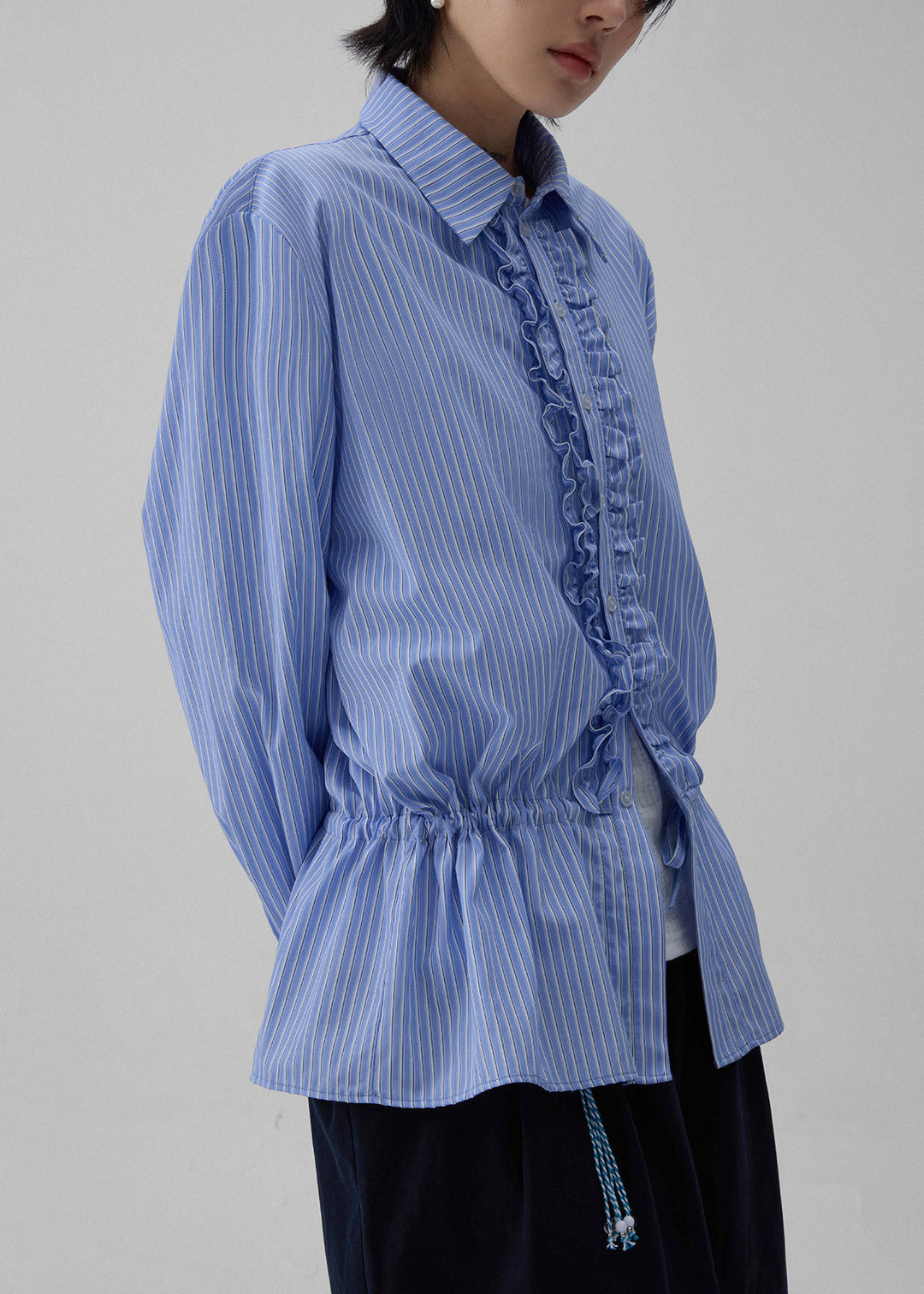 Striped Blue Peter Pan Collar Ruffled Cotton Shirt Fall