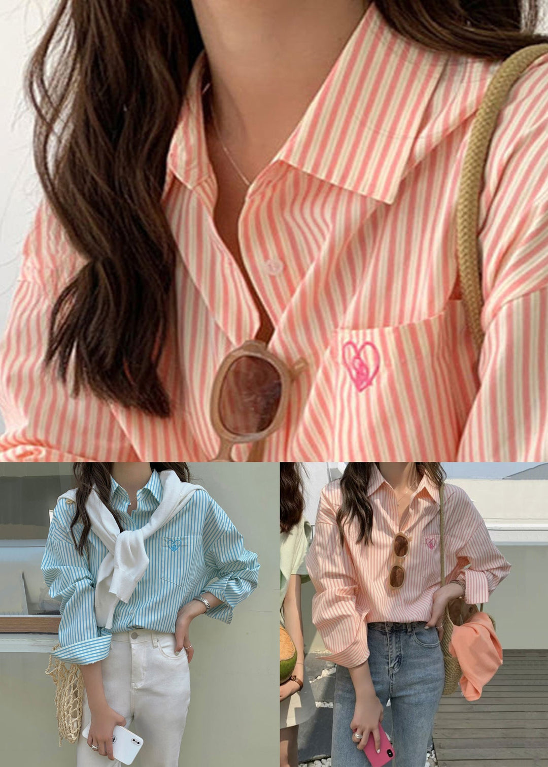 Striped Pink Peter Pan Collar Button Cotton Shirts Fall