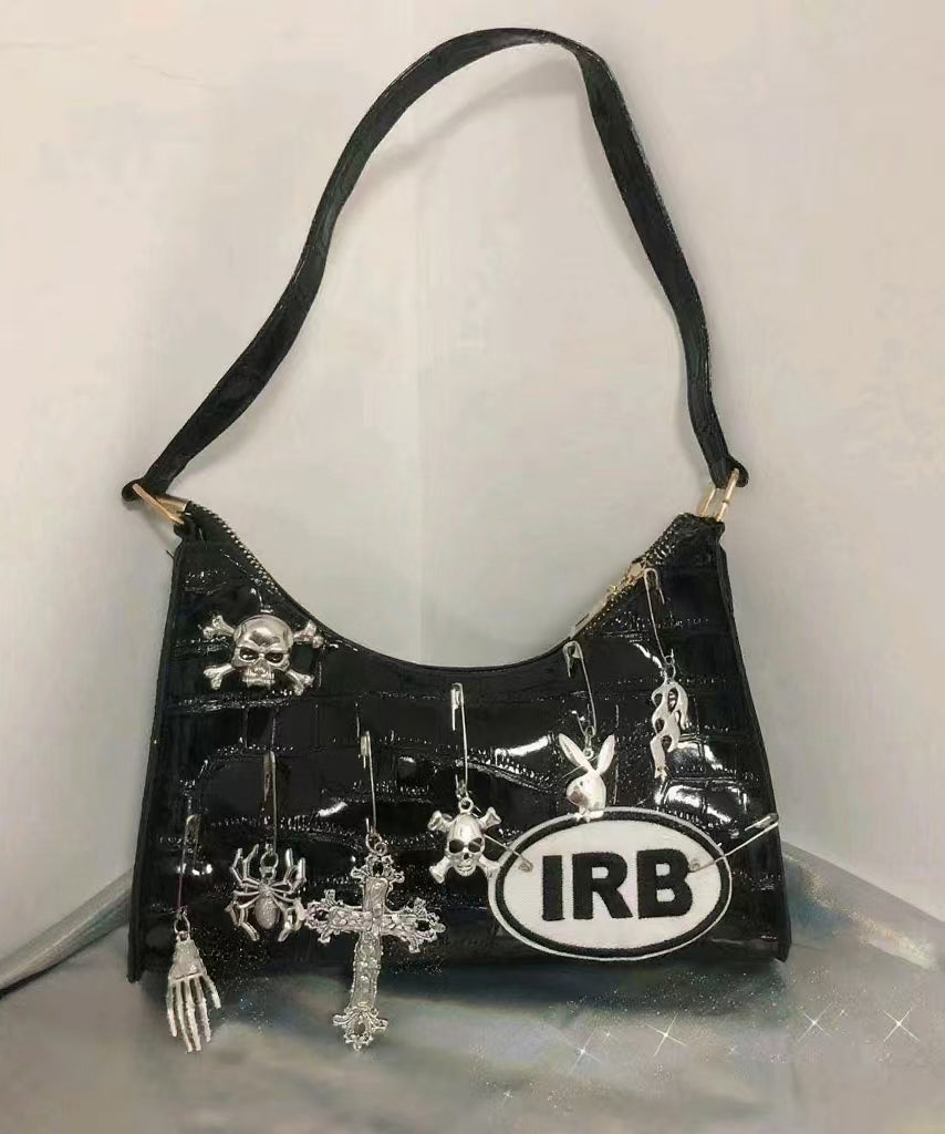 Style Black Embroidery Solid Durable Faux Leather Hobo Bag