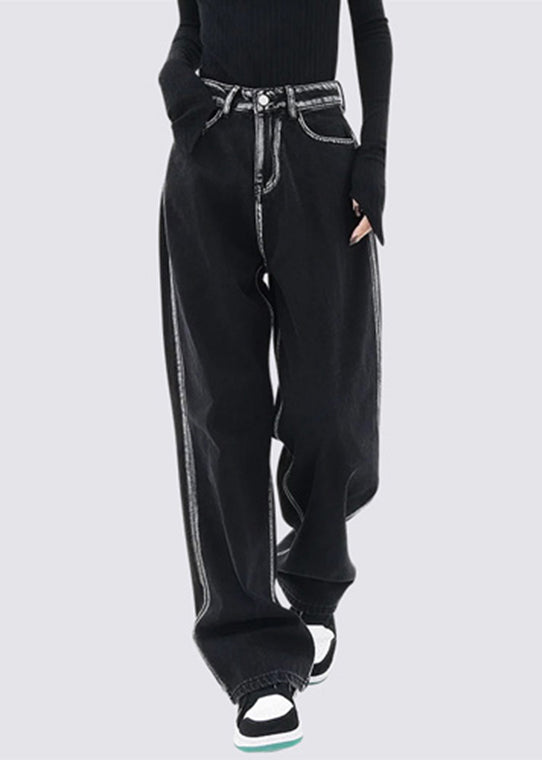 Style Black High Waist Pockets Patchwork Wide Leg Pants