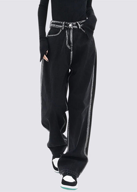 Style Black High Waist Pockets Patchwork Wide Leg Pants