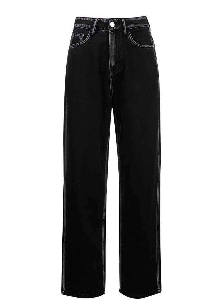 Style Black High Waist Pockets Patchwork Wide Leg Pants