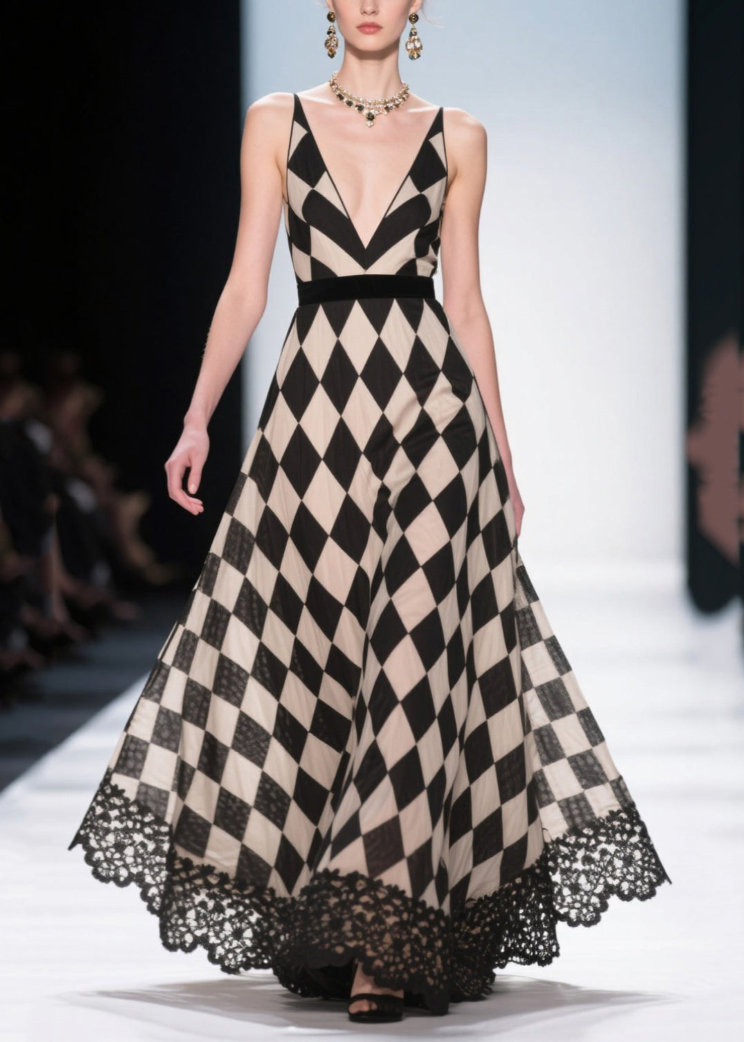 Style Black Plaid Patchwork Lace Chiffon Evening Dress Summer