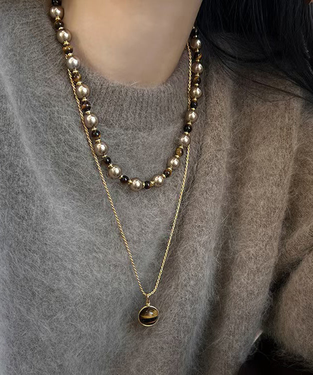 Style Brown Alloy Tiger Eye Stone Two Piece Set Pendant Necklace