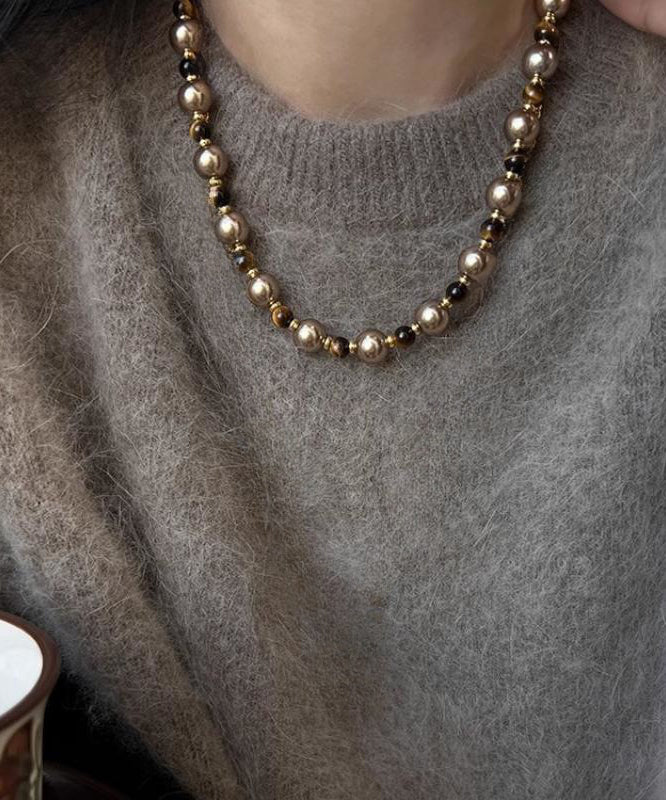 Style Brown Alloy Tiger Eye Stone Two Piece Set Pendant Necklace