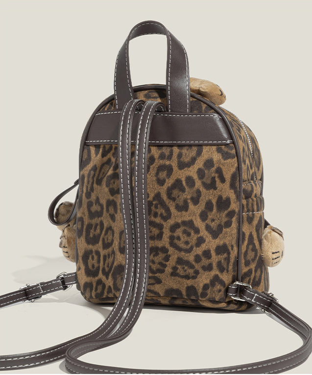Style Brown Leopard Hellow KT Decorated Faux Suede Backpack Bag