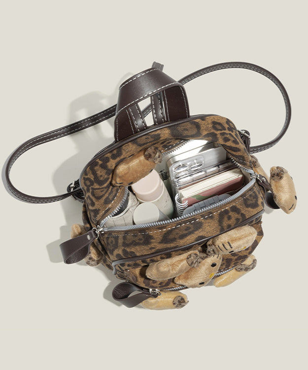 Style Brown Leopard Hellow KT Decorated Faux Suede Backpack Bag