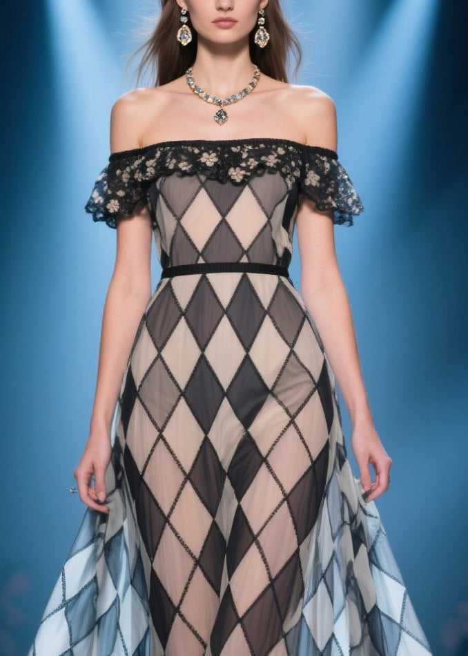 Style Brown Plaid Cold Shoulder Silk Strapless Dress Summer