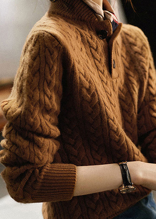 Style Camel Colour Stand Collar Button Thick Knit Sweaters Long Sleeve