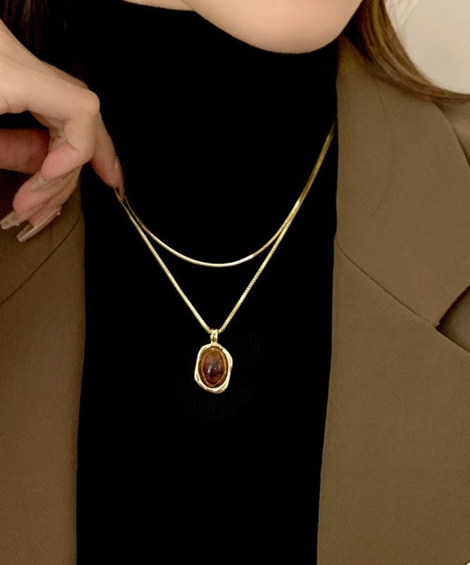 Style Gold Copper Overgild Amber Pendant Necklace Two Piece Set