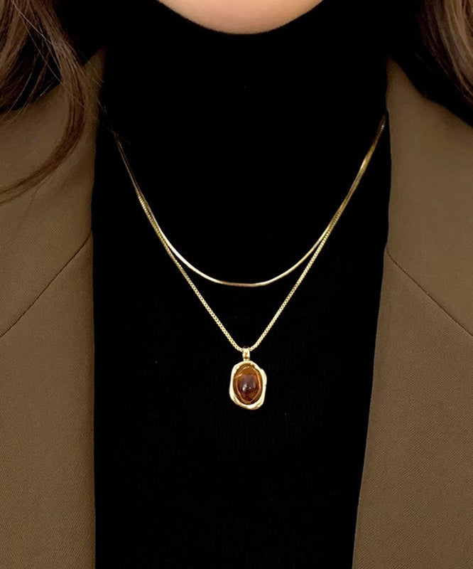 Style Gold Copper Overgild Amber Pendant Necklace Two Piece Set