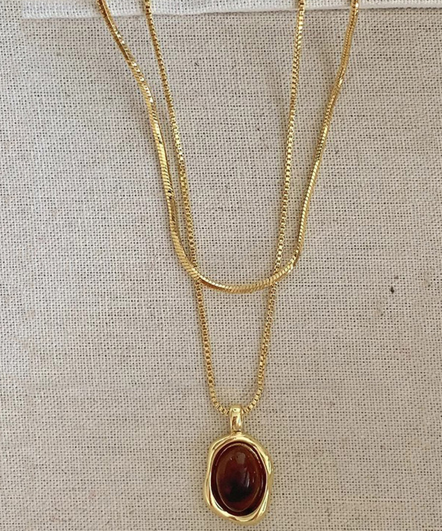 Style Gold Copper Overgild Amber Pendant Necklace Two Piece Set