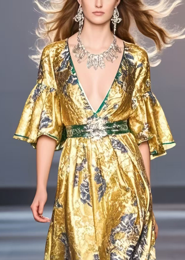 Style Golden V Neck Print Silk Holiday Dress Flare Sleeve