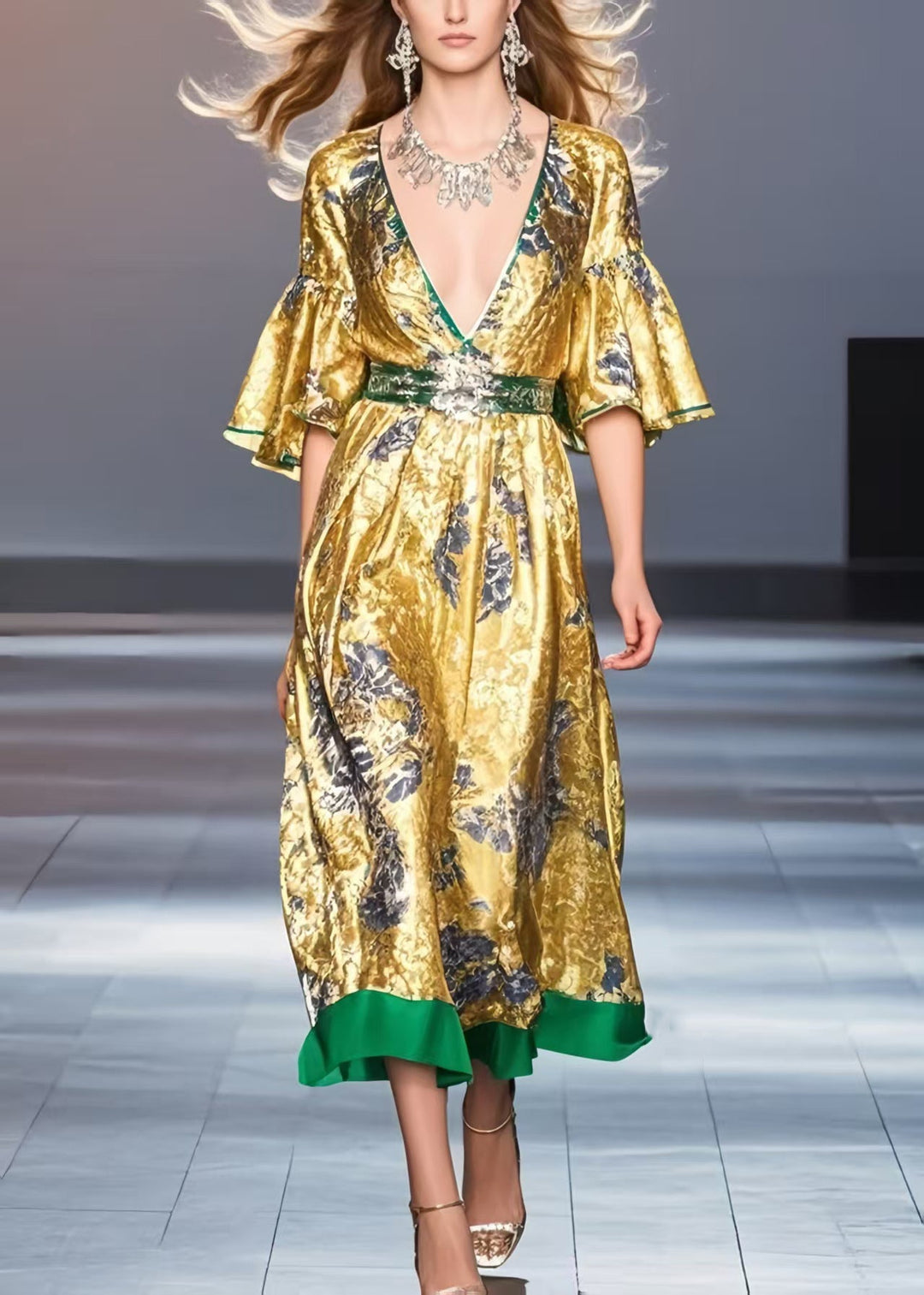 Style Golden V Neck Print Silk Holiday Dress Flare Sleeve