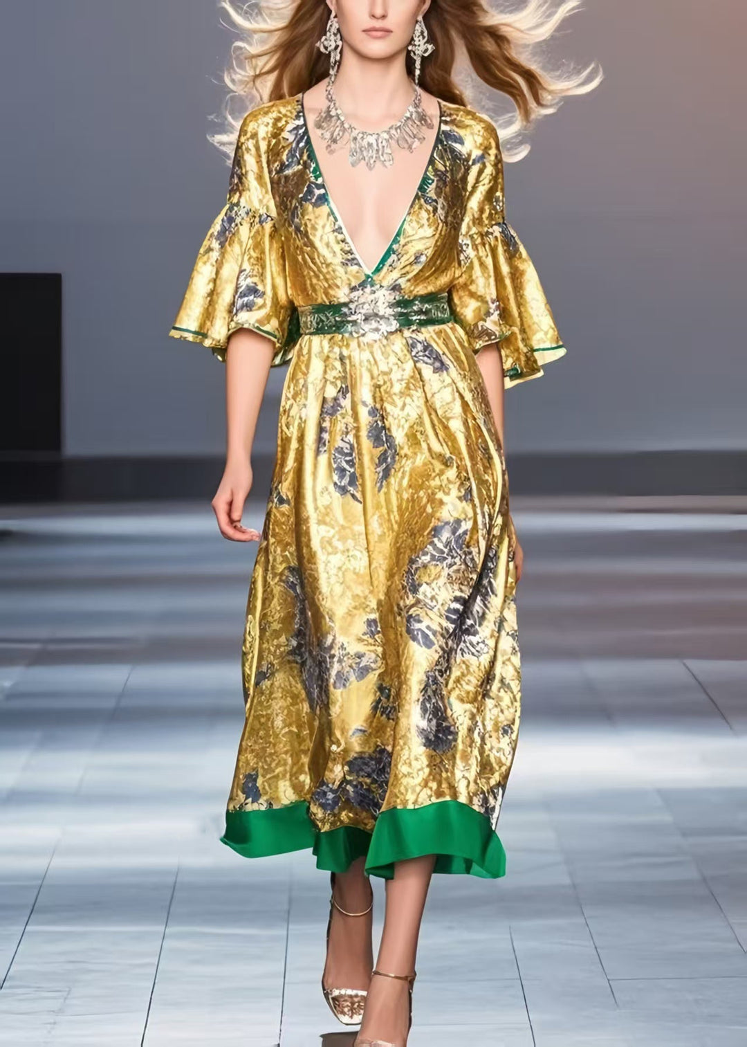 Style Golden V Neck Print Silk Holiday Dress Flare Sleeve