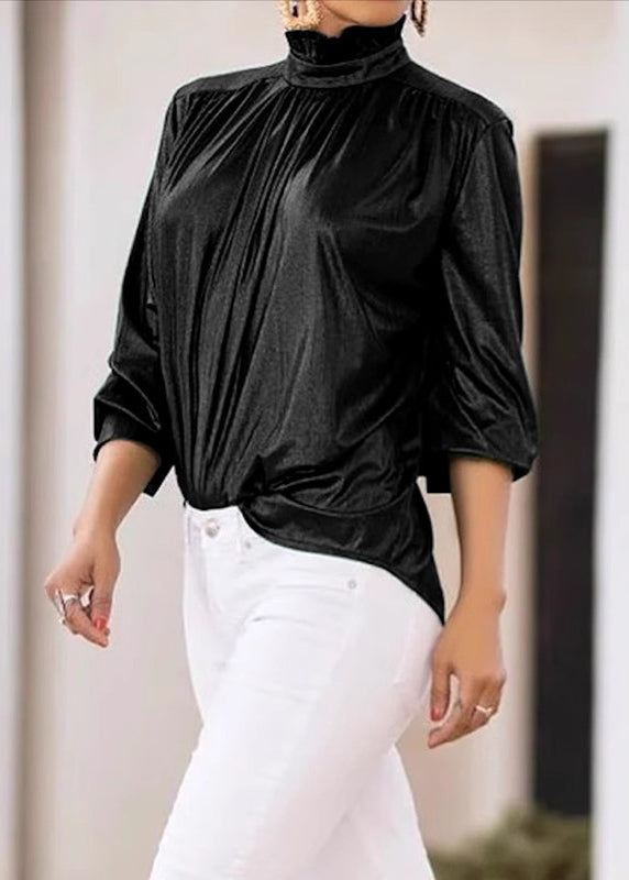 Style Green Turtleneck Patchwork Silk Velour Top Spring