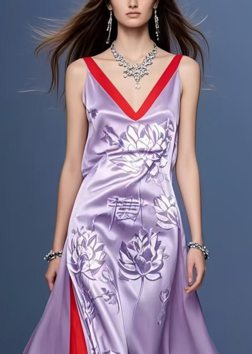 Style Lavender Print Side Open Silk Vacation Dresses Sleeveless