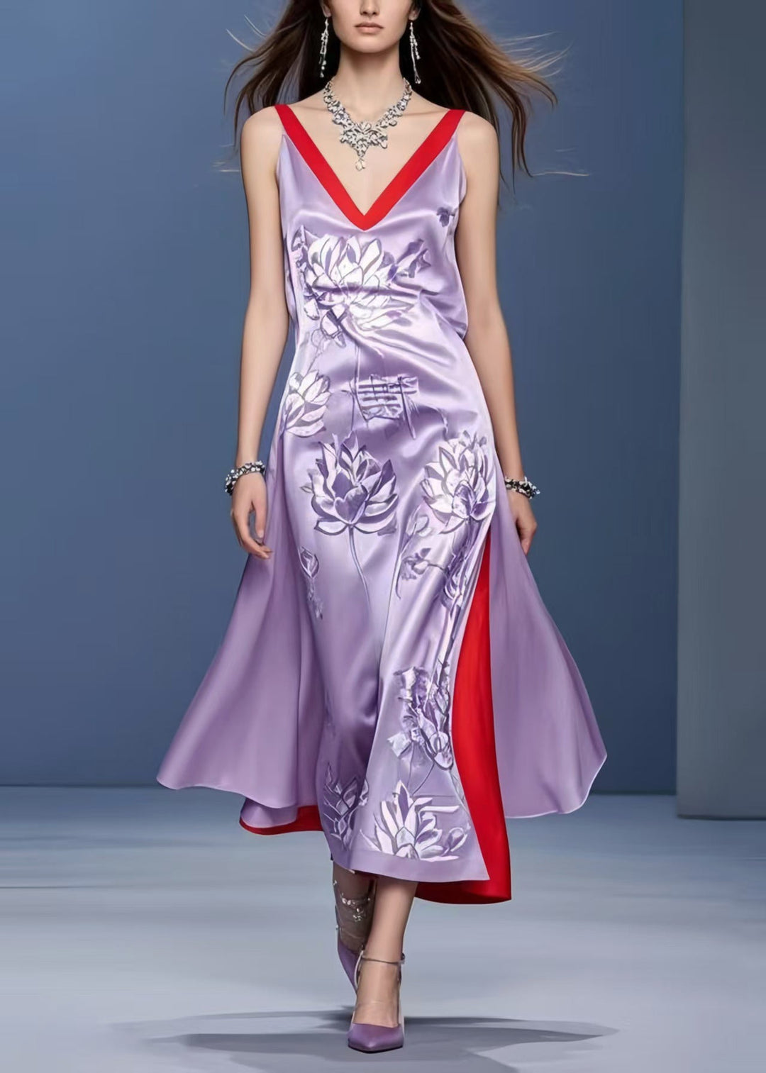 Style Lavender Print Side Open Silk Vacation Dresses Sleeveless