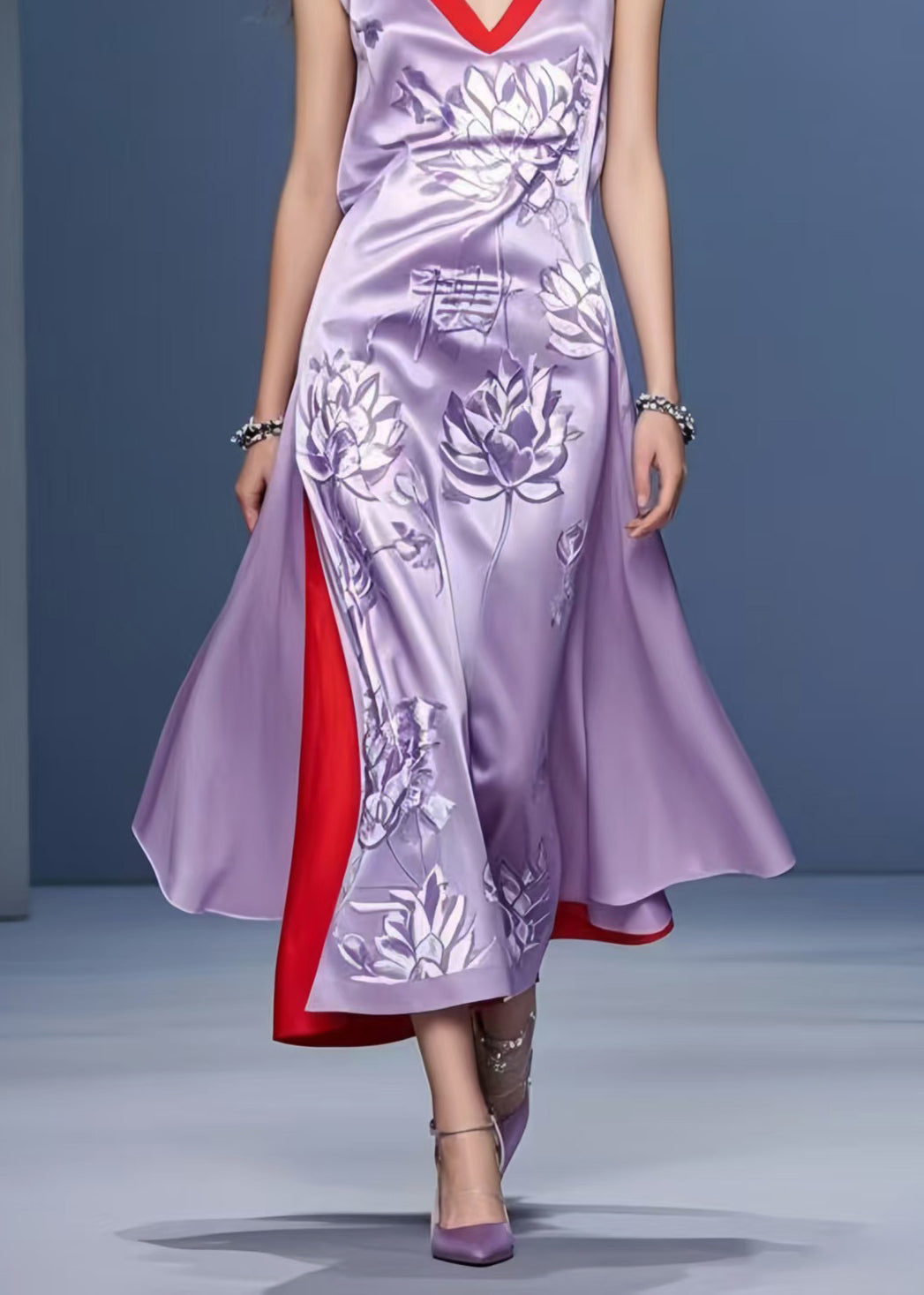 Style Lavender Print Side Open Silk Vacation Dresses Sleeveless