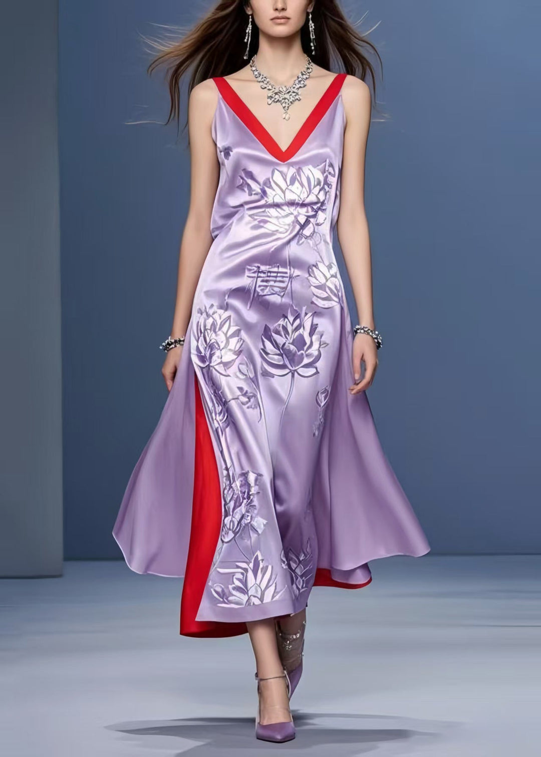 Style Lavender Print Side Open Silk Vacation Dresses Sleeveless