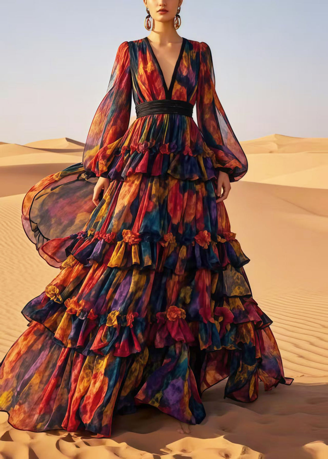 Style Multicolour Print Exra Large Hem Chiffon Party Dress Spring