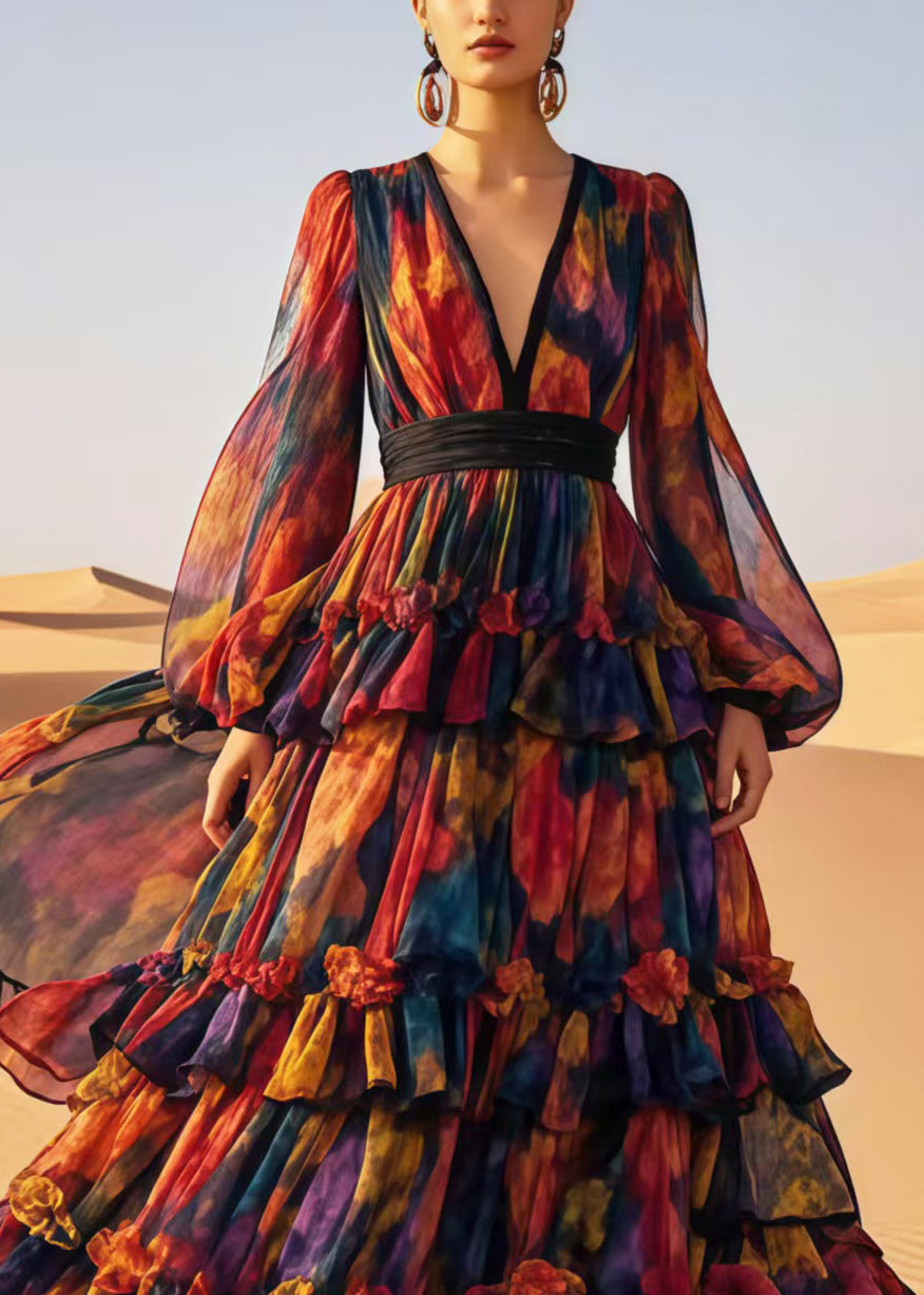 Style Multicolour Print Exra Large Hem Chiffon Party Dress Spring