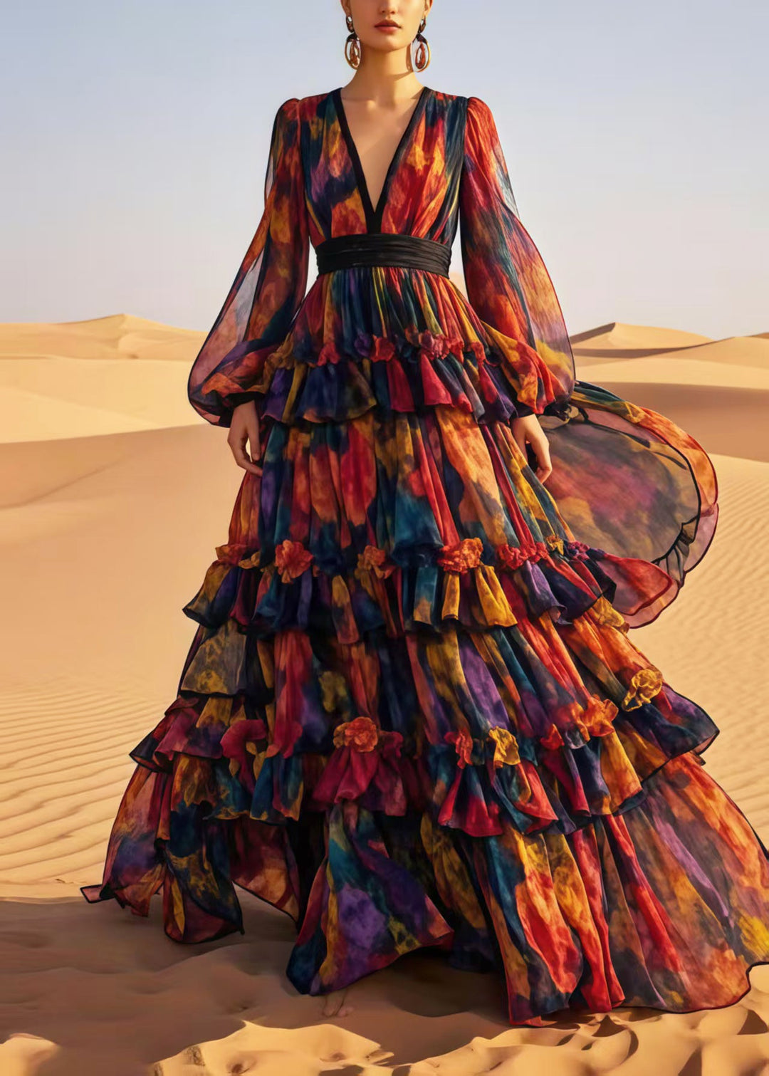 Style Multicolour Print Exra Large Hem Chiffon Party Dress Spring