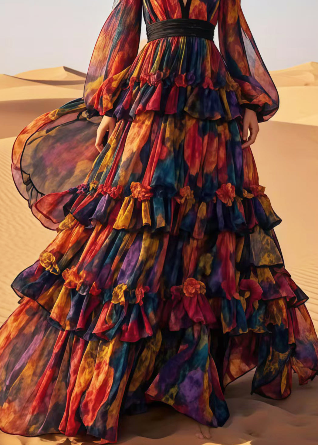 Style Multicolour Print Exra Large Hem Chiffon Party Dress Spring