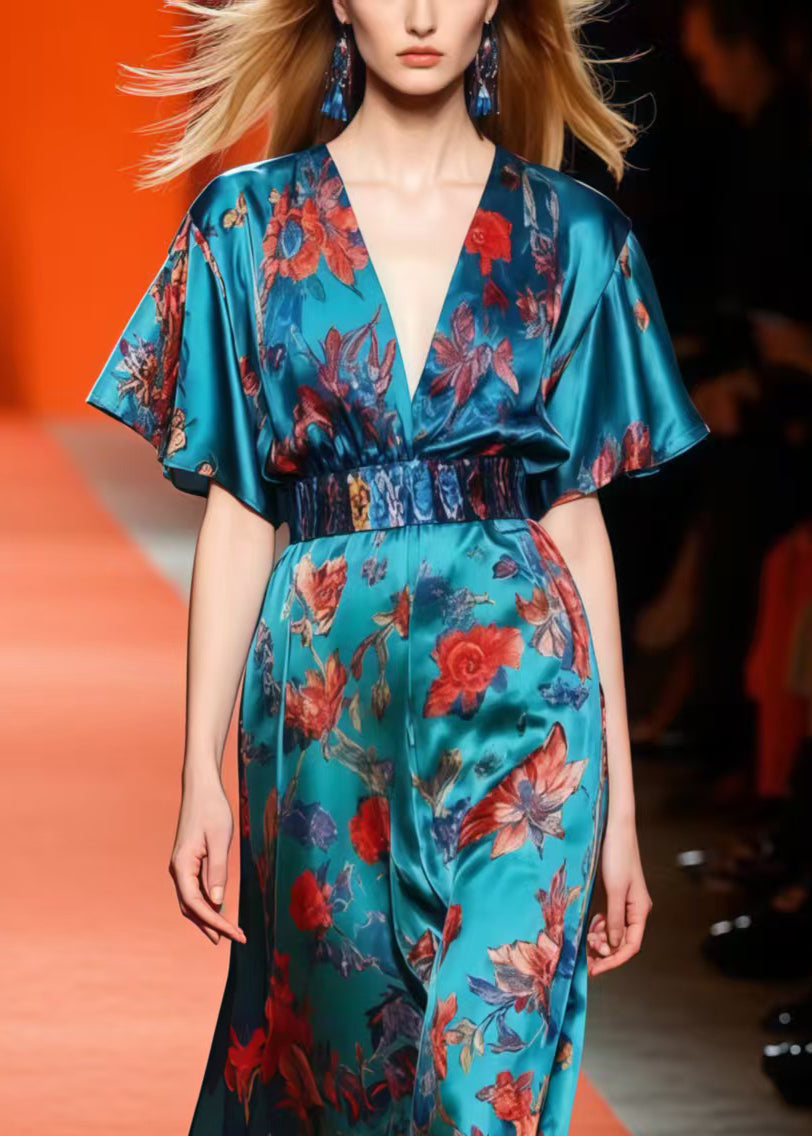 Style Peacock Blue V Neck Print Silk Cinched Dress Summer