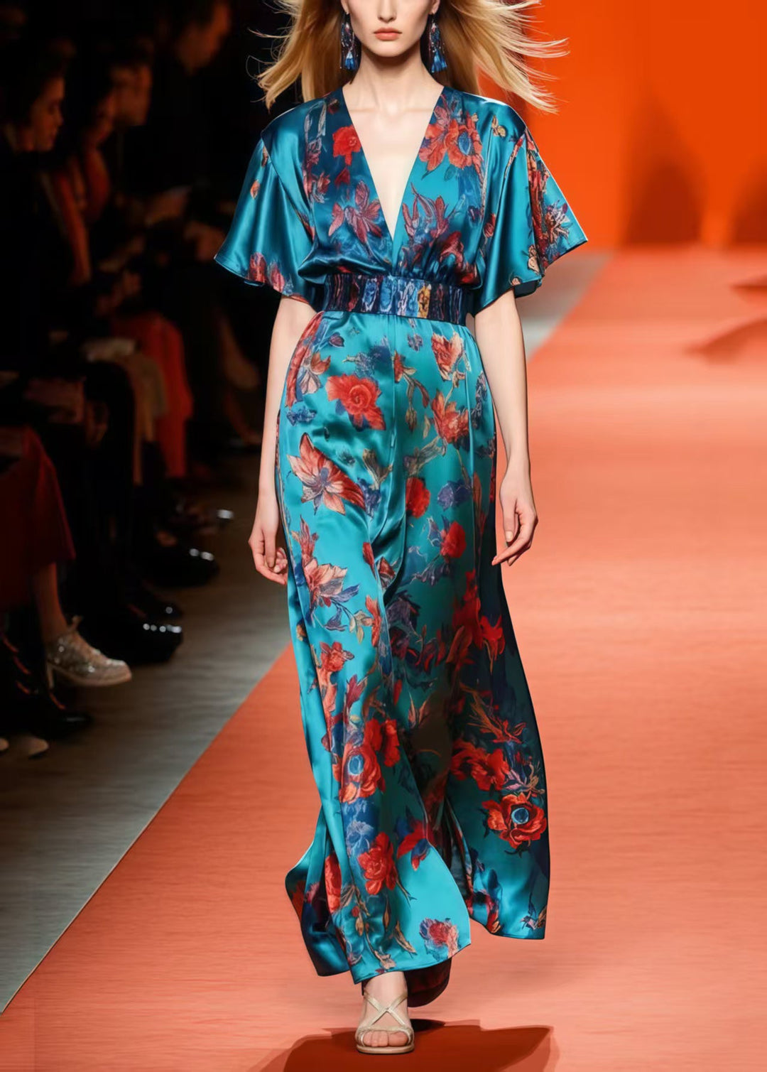 Style Peacock Blue V Neck Print Silk Cinched Dress Summer