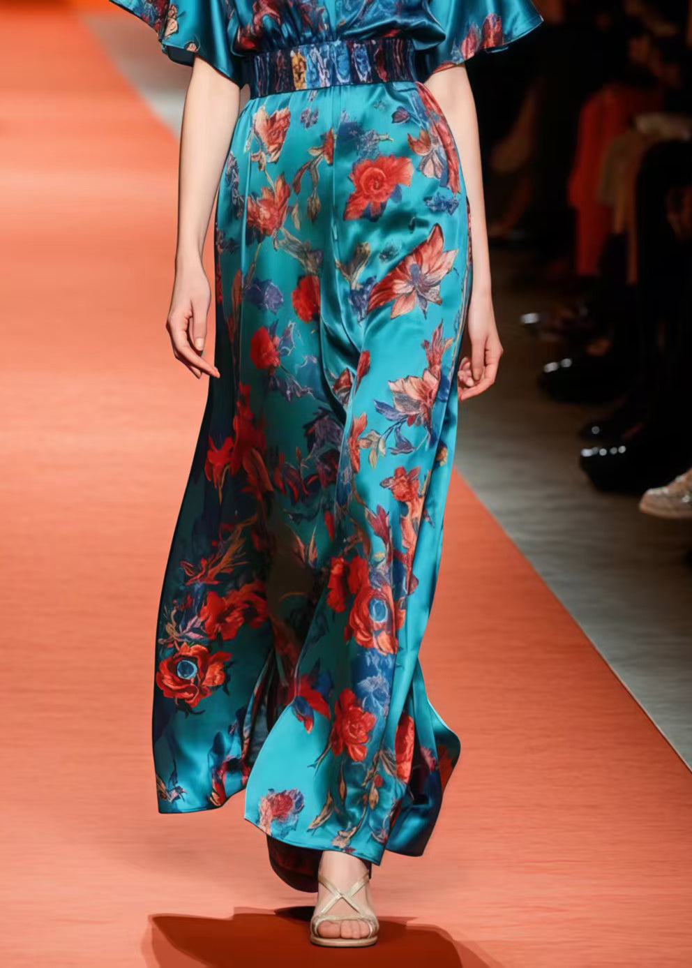 Style Peacock Blue V Neck Print Silk Cinched Dress Summer