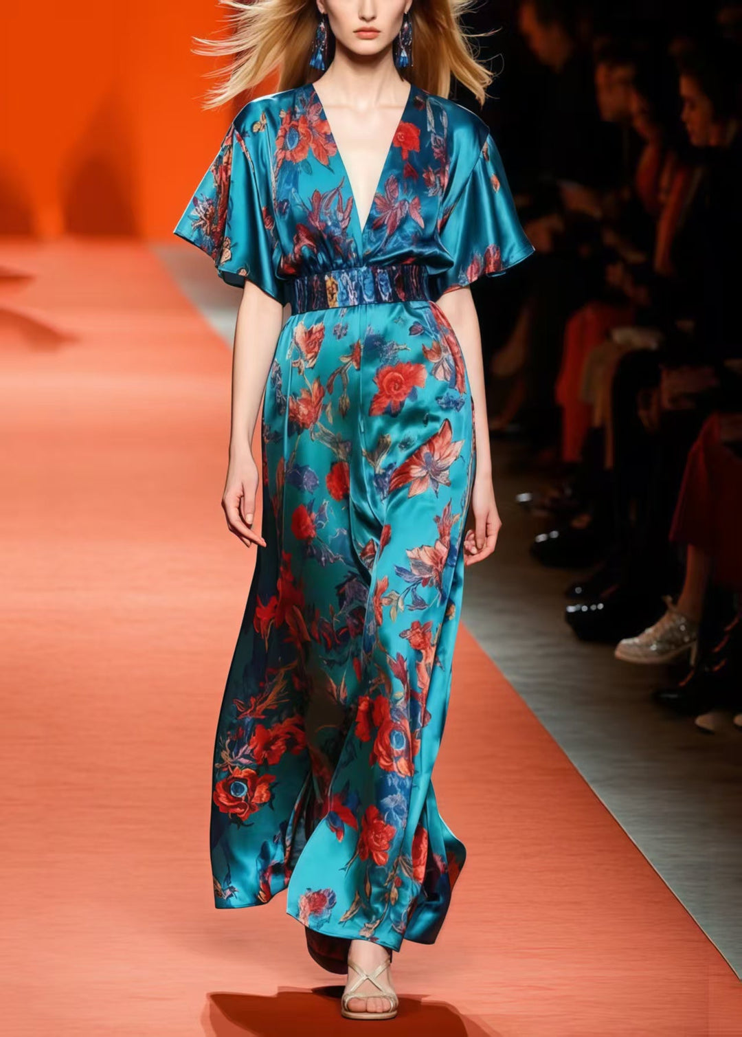 Style Peacock Blue V Neck Print Silk Cinched Dress Summer